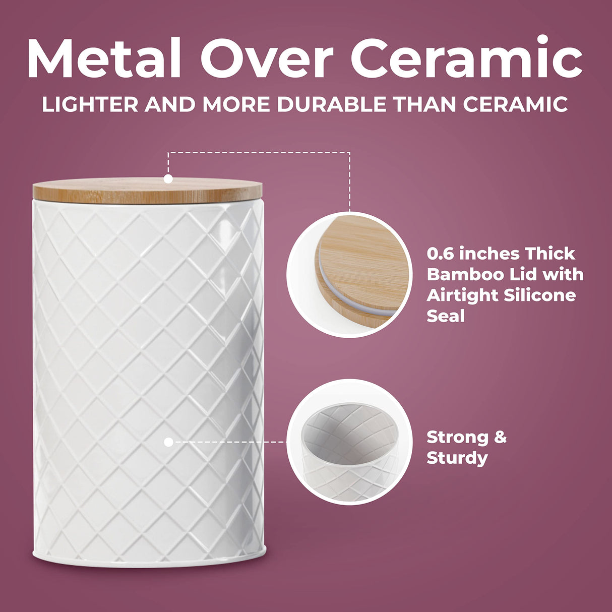 Pebble & Stem White Metal Canisters Sets for the Kitchen Counter, Kitchen Canisters Set of 4, Airtight Lids,Sugar and Flour Containers for Countertop, Coffee and Tea Storage, Farmhouse Decor Pebble & Stem