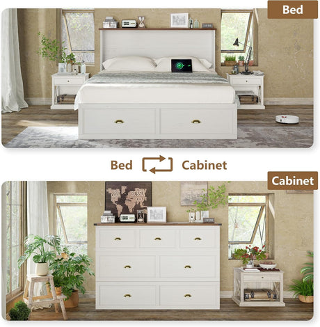 AMERLIFE Full Size Murphy Bed, Farmhouse Wooden Cabinet with Charging Station and Storage Drawer for Bedroom/Office/Guest Room, White+Barnwood AMERLIFE