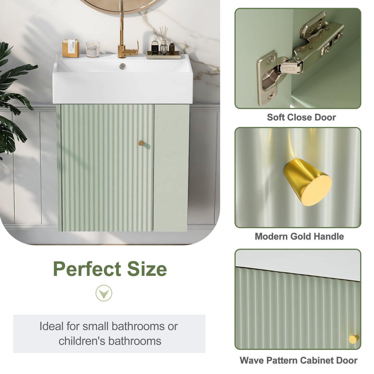 22 Inch Floating Bathroom Vanity With Sink, Wall Mounted Bathroom Vanity Cabinet With Ceramic Sink, Small Bathroom Sink Cabinet With Right Side Storage, Modern Single Sink Bathroom Vanity, Green BNSPLY