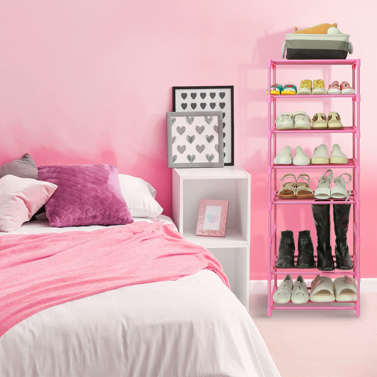 HITHIM 4-Tier Free Standing Shoe Racks for 6-8 Pairs Shoe Storage,Kids Shoe Racks for Small Place,Lightweight Stackable Shoe Shelf Organizer for Entryway, Doorway and Closet,Pink HITHIM