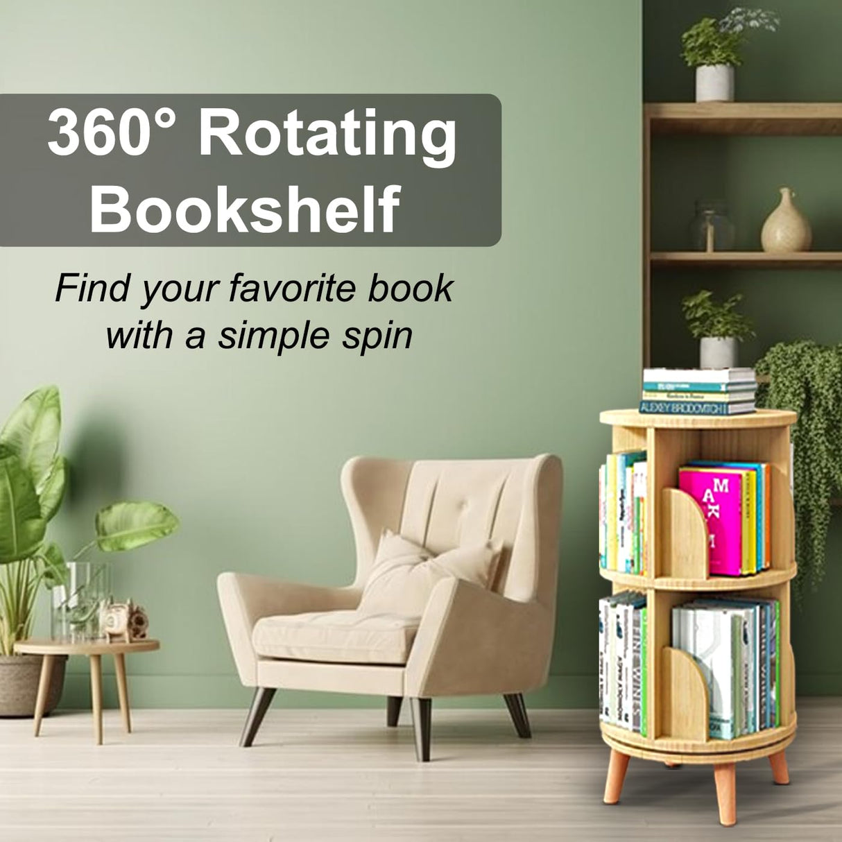 PrimeNex Rotating Bookshelf Tower 360° Display Bookcase, 2 Tier Floor Standing Book Shelf Storage Rack for Kids&Adult, Solid Wood Small Corner Bookshelf Organizer for Bedroom, Living Room, Natural PrimeNex