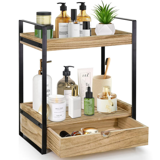 2-Tier Bathroom Organizer Countertop with Drawer, Wood Counter Shelf for Bathroom Storage, Vanity Tray for Bathroom Organization and Decor, Countertop Organizer for Bathroom, Kitchen, Office (Brown)