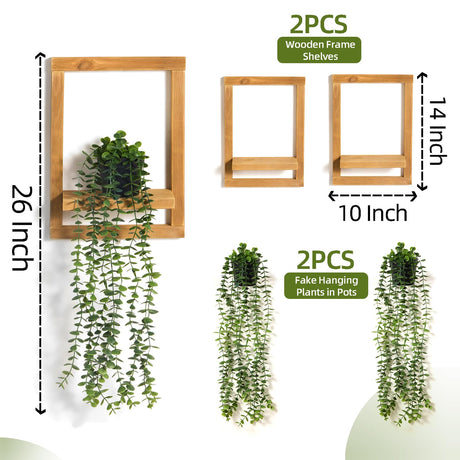 Mokof 2 Pack Wooden Shelves with Fake Hanging Plants for Wall Decor, Modern Farmhouse Wood Wall Art for Living Room, Bathroom (Light Brown) Mokof