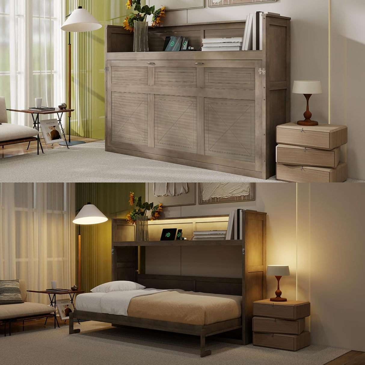 Twin XL Horizontal Murphy Bed with Storage Shelf,LED and Charging Station,Solid Wood Folding Hideaway Farmhouse Murphy Wall Bed Cabinet with Storage for Adults (Natural Wood,Twin XL) MERITLINE