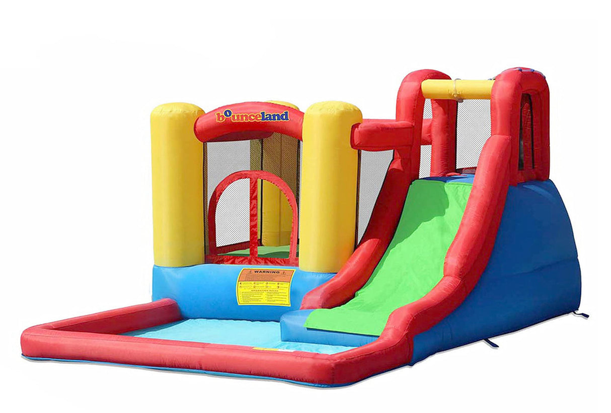 Bounceland Jump and Splash Adventure Bounce House or Water Slide All in one, Large Pool, Fun Bouncing Area with Basketball Hoop, Long Slide with Climbing Wall, UL Certified Blower Included Bounceland