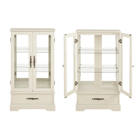 TRJQBCC 3-Tier Lighted Curio Display Cabinet, 47" H Glass Accent Storage Cabinet with Adjustable Glass Shelves & 1 Drawer, Wooden Wine Display Case with Mirrored Back Panel for Living Room (White) TRJQBCC