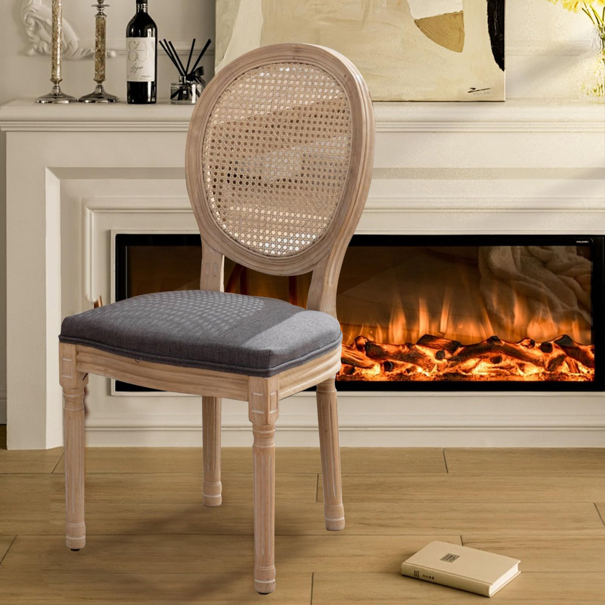 SoarFlash French Dining Chairs Set of 2, Vantage Dining Chair with Round Back, Wood Leg Farmhouse Country Rattan Dining Chair for Kitchen,Bedroom,Deep Grey SoarFlash