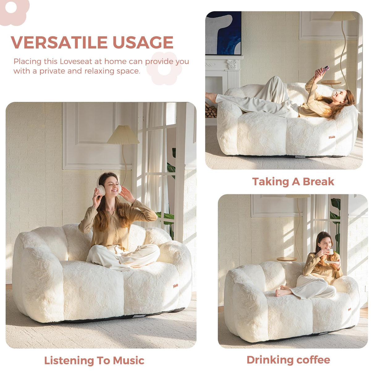 MAXYOYO Bean Bag Chair for Adults, Loveseat Floral Shaped Bean Bag Sofa, Ultra Soft Love Seat Mini Sofa Couch, Faux Fur Reading Chair for Living Room Bedroom, Beige MAXYOYO