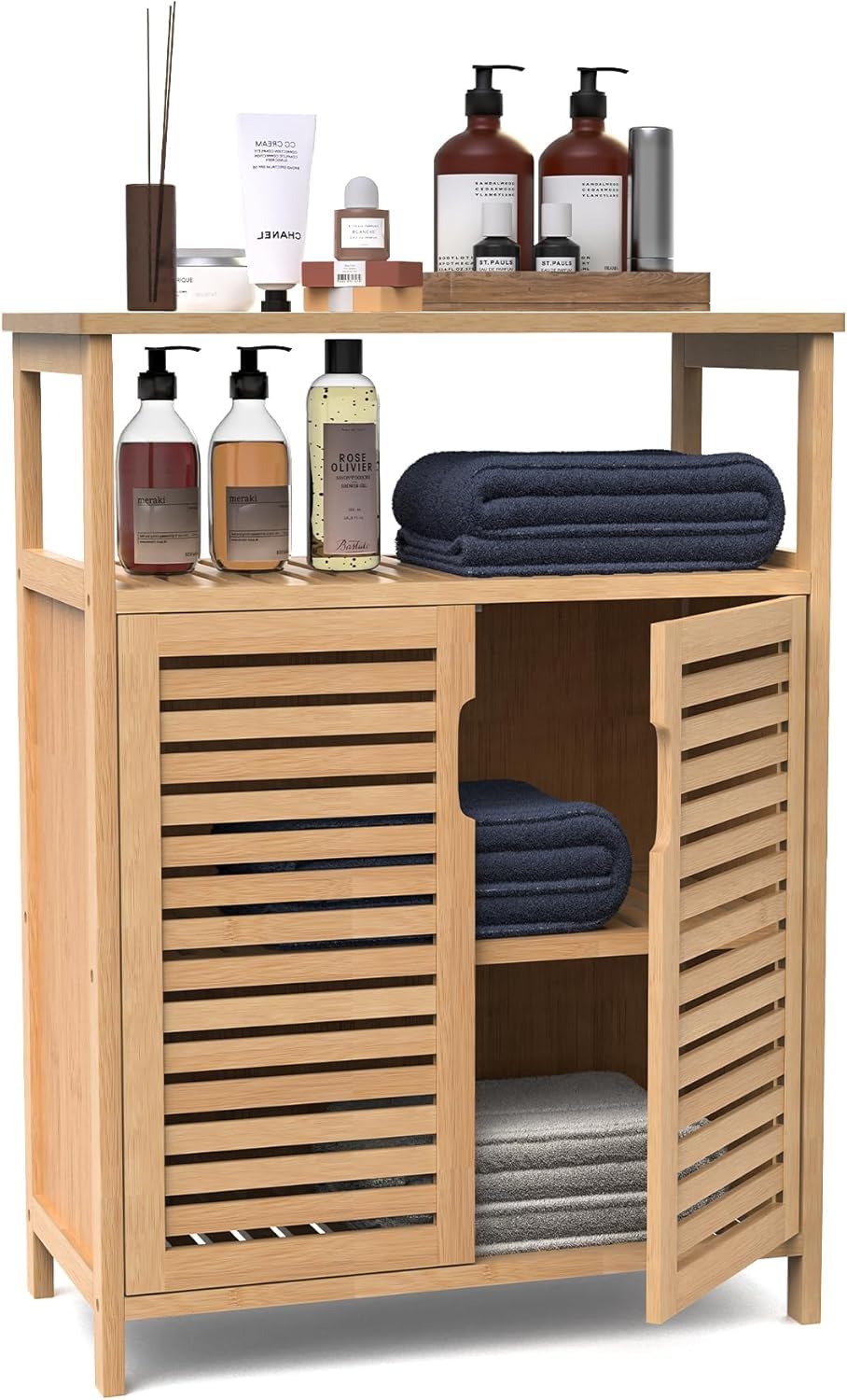 FoverOne Bamboo Bathroom Storage Cabinet with 2 Doors, Bathroom Floor Freestanding Cabinets Organizer for Living Room, Kitchen, Entryway FoverOne
