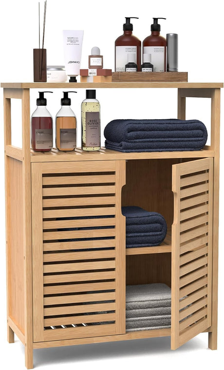 FoverOne Bamboo Bathroom Storage Cabinet with 2 Doors, Bathroom Floor Freestanding Cabinets Organizer for Living Room, Kitchen, Entryway FoverOne