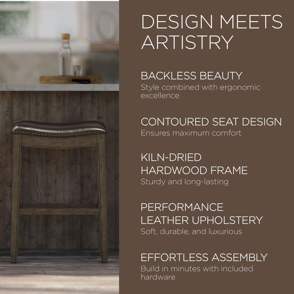 Maven Lane Adrien 31 Inch Bar Height Backless Saddle Barstool in Dark Walnut Finish with Marksman Saddle Vegan Leather Cushion Seat Maven Lane