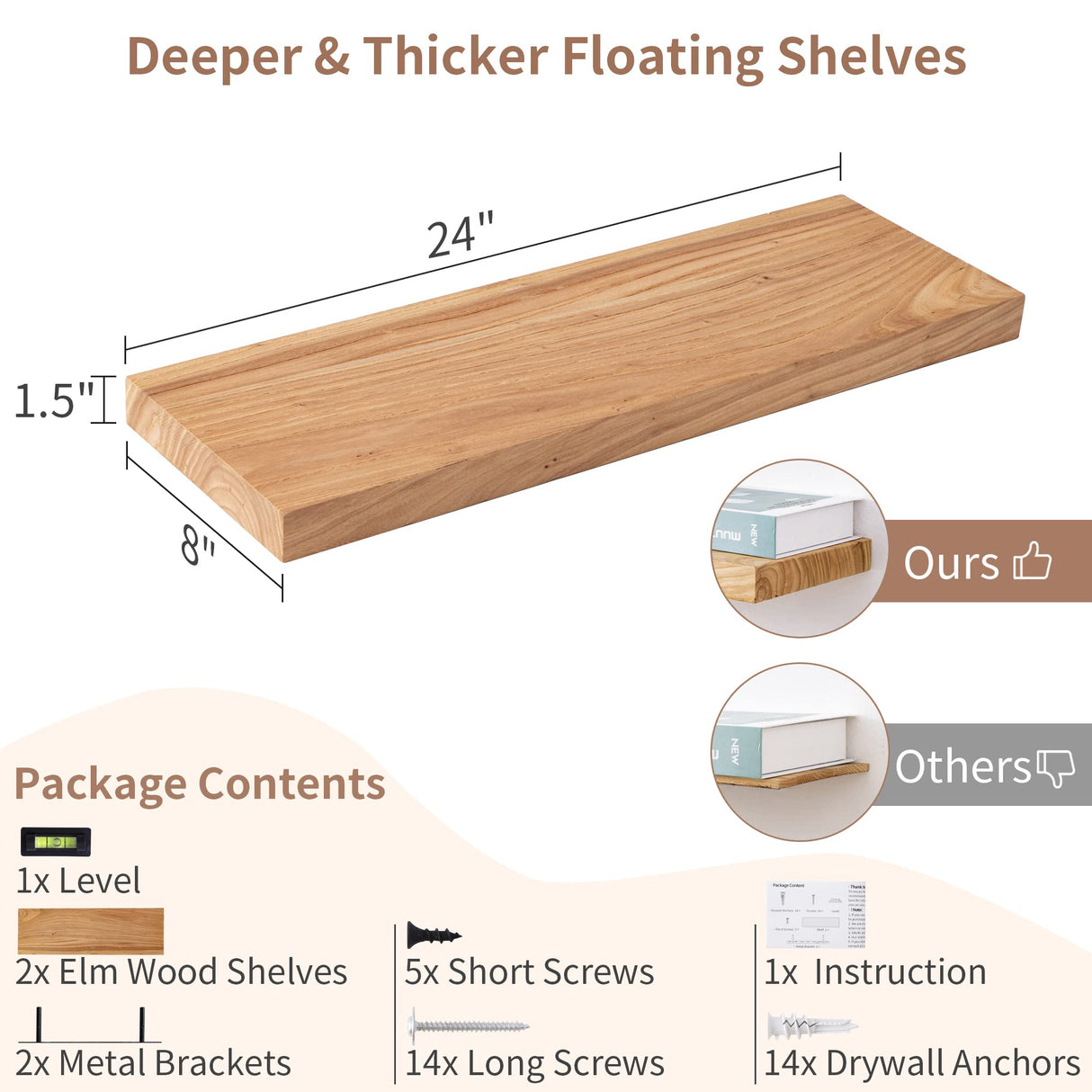 Axeman Floating Shelves, 8 Inch Deep Rustic Solid Elm Wood Wall Shelves for Storage, Wall Mounted Display Shelving with Invisible Heavy-Duty Metal Bracket, 24 Inch Width Set of 2, Natural Axeman