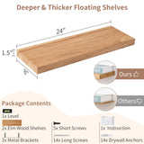 Axeman Floating Shelves, 8 Inch Deep Rustic Solid Elm Wood Wall Shelves for Storage, Wall Mounted Display Shelving with Invisible Heavy-Duty Metal Bracket, 24 Inch Width Set of 2, Natural Axeman