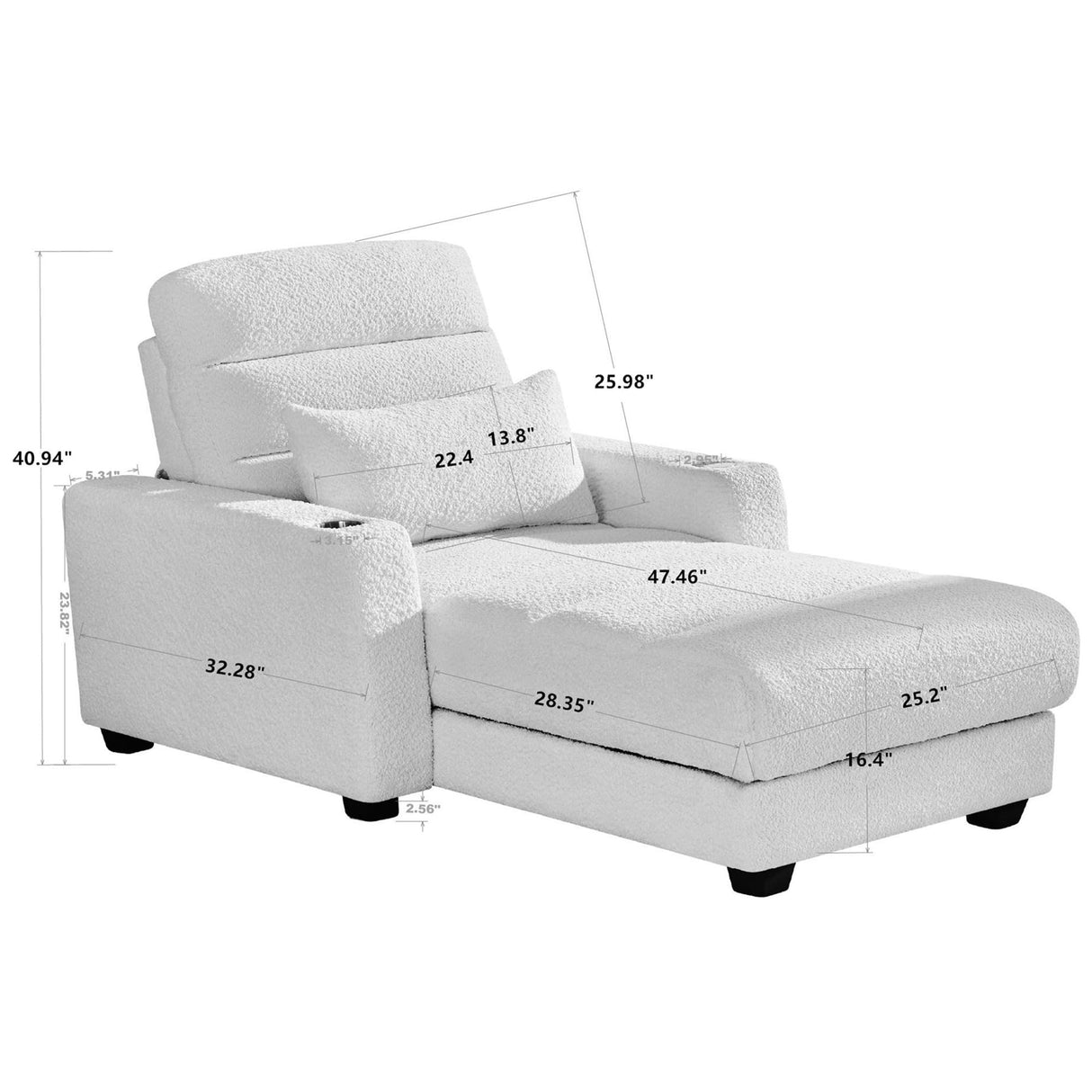 LITVZ Power Reclining Chaise Lounge, Black Electric Chaise Lounge Sofa with Lumbar Pillow, Cup Holder and Wireless Charging, Modern Comfy Wall Hugger Recliners for Small Spaces LITVZ