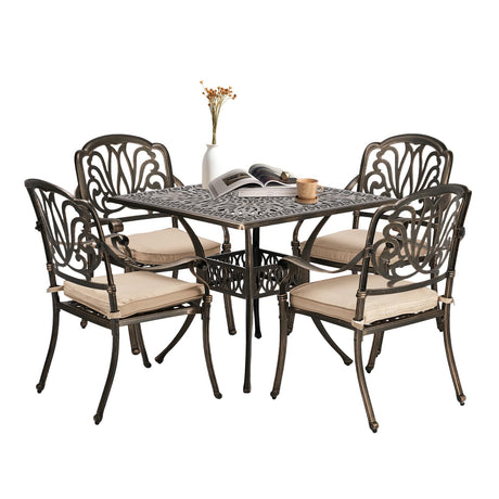 VINGLI 5-Piece Outdoor Patio Dining Set, Cast Aluminum All-Weather Outdoor Table and Chairs w/Cushion, Outdoor Furniture Set w/Umbrella Hole for Backyard Deck Poolside (Square, Elizabeth Back) VINGLI