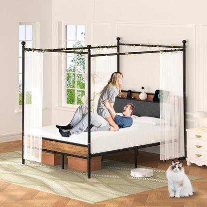 Winkalon Metal Canopy Bed Frame, Full Size Bed Frame with 4 Removable Sturdy Posts Hanging Curtains, Iron Bed Platform with Charging Station LGB Light, No Box Spring Needed Strong Slat Support