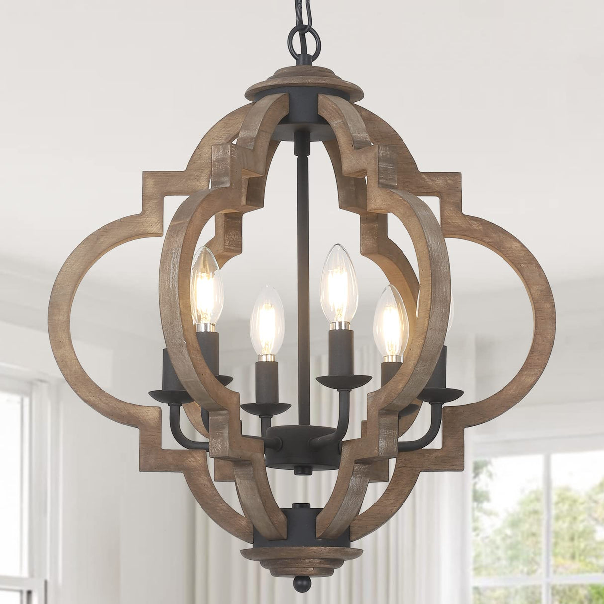 Eayaya Farmhouse Chandeliers for Dining Room, 6-Light Rustic Dining Room Light Fixture Over Table, Wood Black Hanging Pendant Lights Kitchen Island, Boho Chandelier for Bedrooms Entryway Living Room Eayaya
