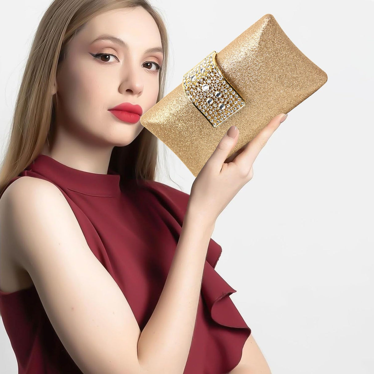 Ladies' Water Diamond Evening Handbag, Sparkling ballroom shoulder bag, fashionable wallet, wedding dress bag suitable for weddings, birthday parties, dances, cocktail parties (Champagne color) AOKMZUS