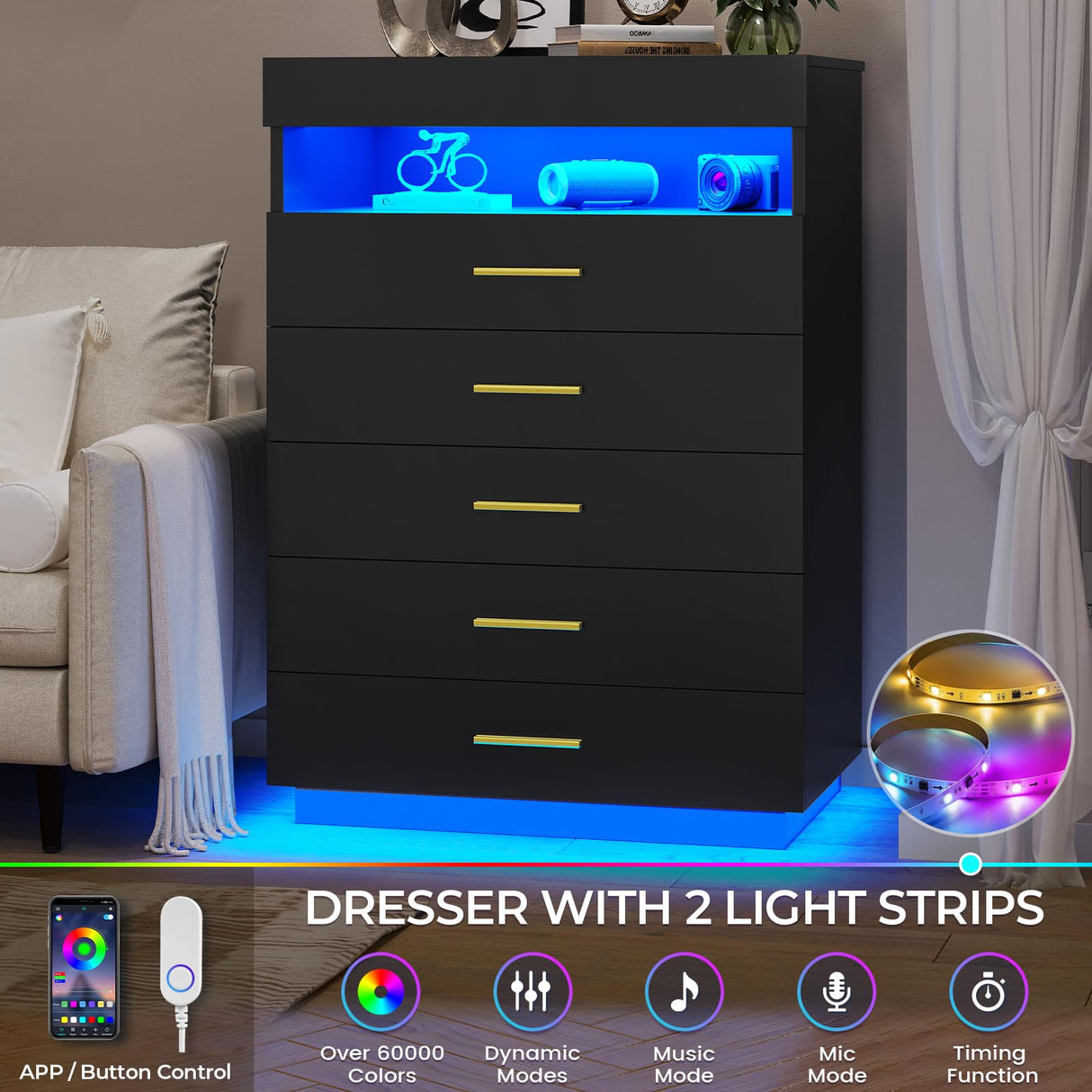 BTHFST Black Dresser with LED Lights, Floating Tall Dresser with 5 Large Drawers & Open Storage Space & Pull Out Tray, 5 Drawer Dresser Wood, Chest of Drawers for Bedroom, Living Room BTHFST