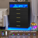 BTHFST Black Dresser with LED Lights, Floating Tall Dresser with 5 Large Drawers & Open Storage Space & Pull Out Tray, 5 Drawer Dresser Wood, Chest of Drawers for Bedroom, Living Room BTHFST