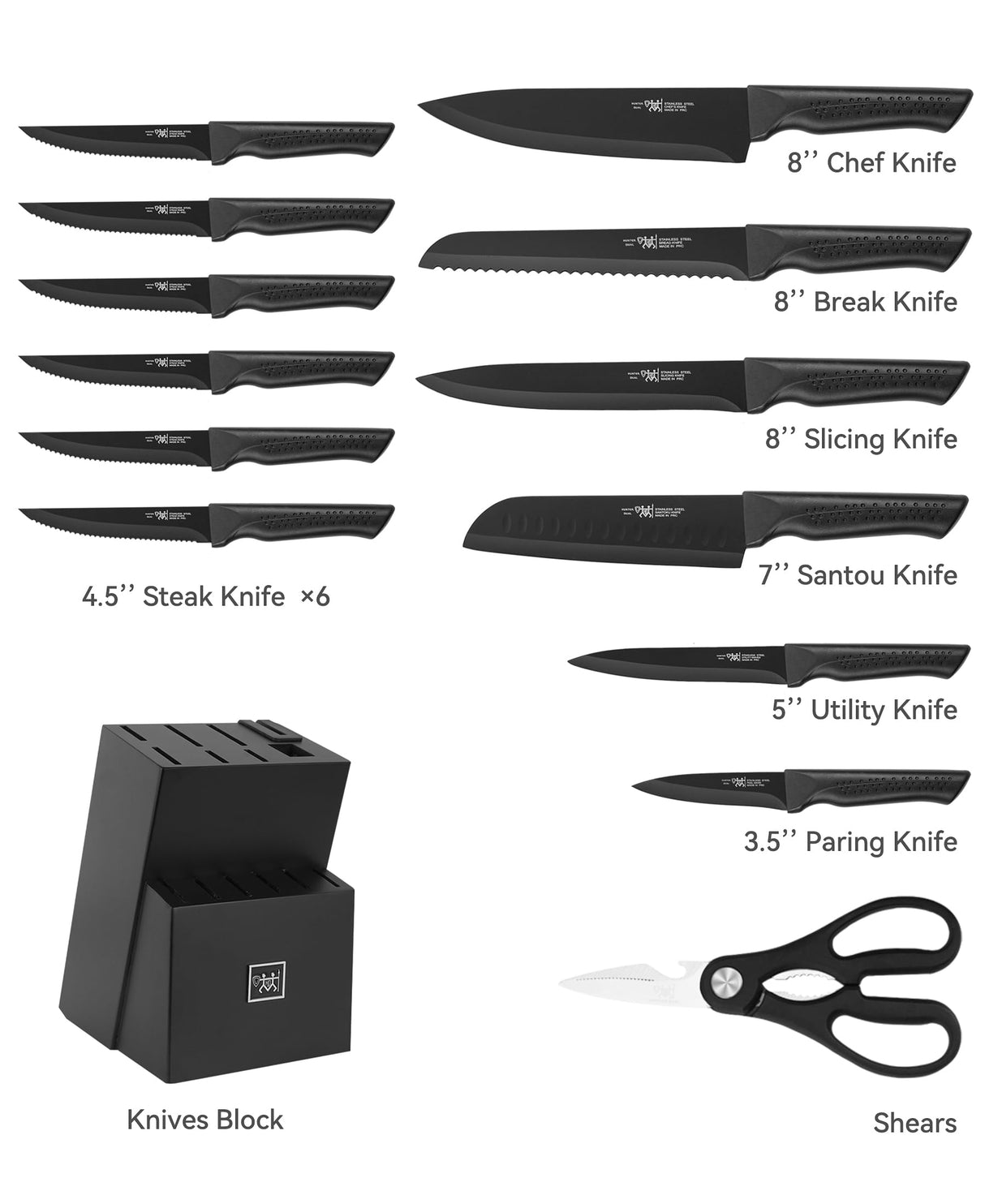Knife Set, 15 Pcs Kitchen Knife Set with Block Self Sharpening, Dishwasher Safe, 6 Steak Knives, Anti-slip handle, Black Hundop