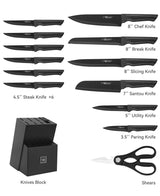Knife Set, 15 Pcs Kitchen Knife Set with Block Self Sharpening, Dishwasher Safe, 6 Steak Knives, Anti-slip handle, Black Hundop