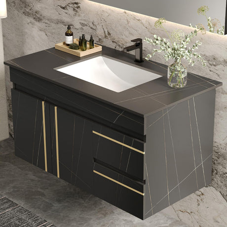 36 Inch Modern Wall Mounted Bathroom Vanity with Ceramic Sink Combo.Solid Wood Floating Bathroom Vanity Cabinet 2 Drawers and 2 Doors,Quick Assembly. Black. Glintee