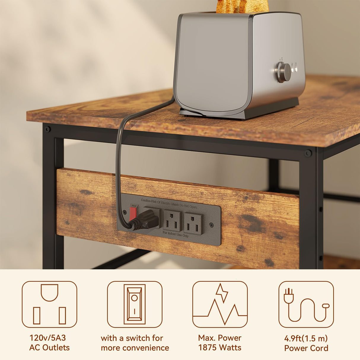 IBUYKE Kitchen Island with Storage, Bakers Rack with Power Outlet,Microwave Stand with Large Worktop,Rolling Bar Cart for Home, Outdoor, Kitchen,Rustic Brown and Black TMJ029H IBUYKE