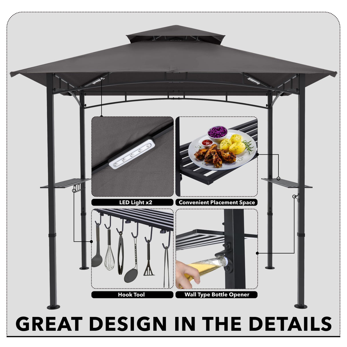 MASTERCANOPY 8 x 5 Grill Gazebo Outdoor BBQ Gazebo Canopy with 2 LED Lights (Gray) MASTERCANOPY