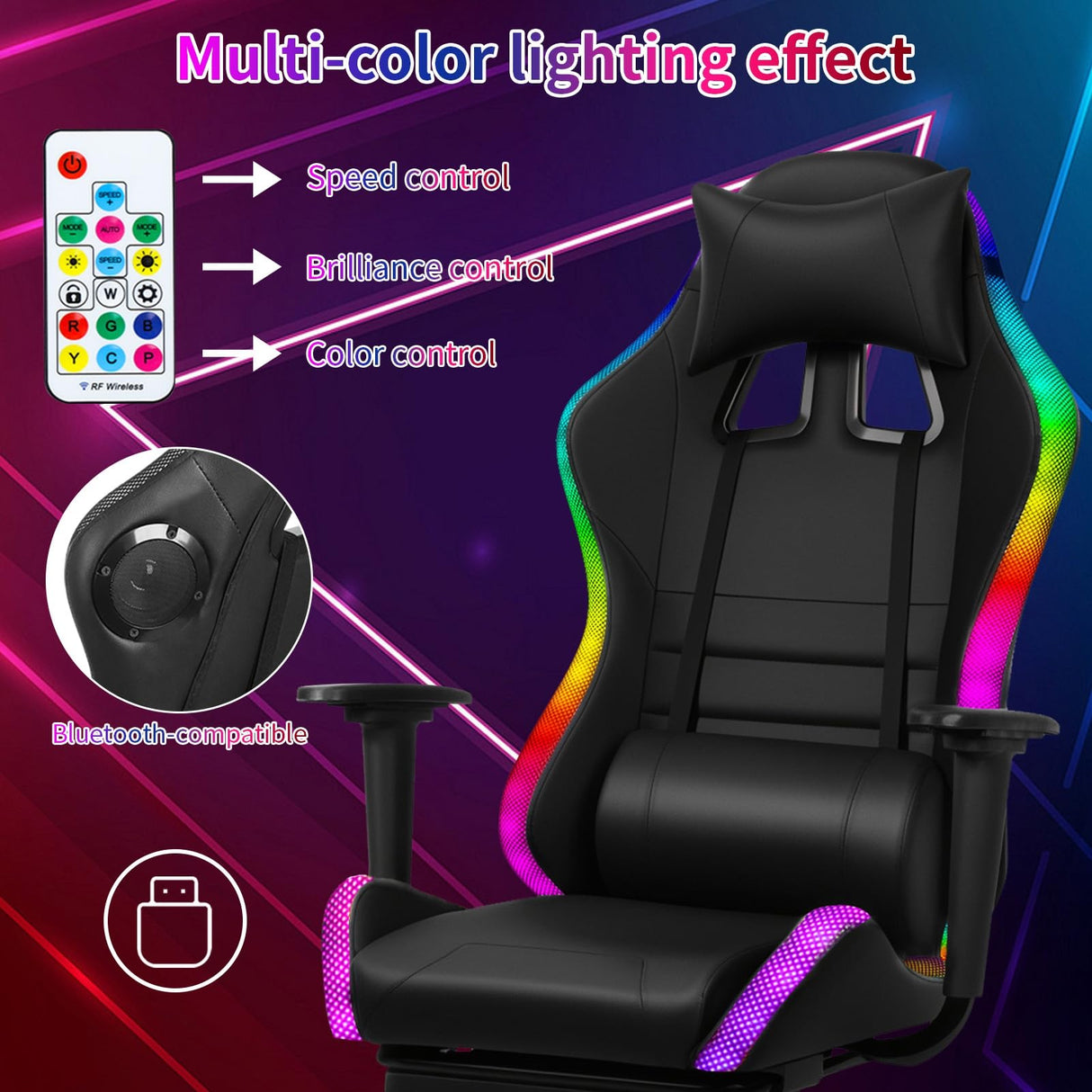 gihusrzx Gaming Chair with Two Bluetooth-Compatible Speakers, Office Executive Chair with Retractable Footrest, Multiple RGB LED Light Modes 360 Degree Rotation Game Chair, 350lbs Load Red gihusrzx
