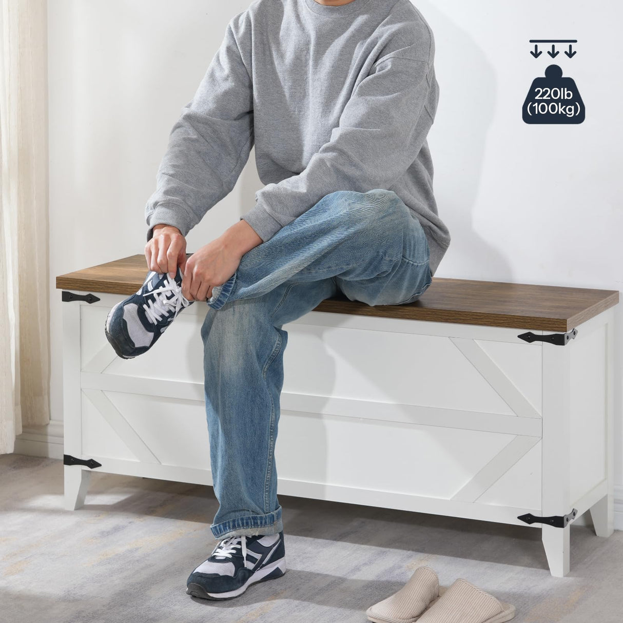 HOOBRO 47.2" Toy Box, Storage Chest with Safety Hinges, Toy Chest Storage, Wooden Storage Bench for Bedroom, Living Room, White and Walnut WH16CW01 HOOBRO