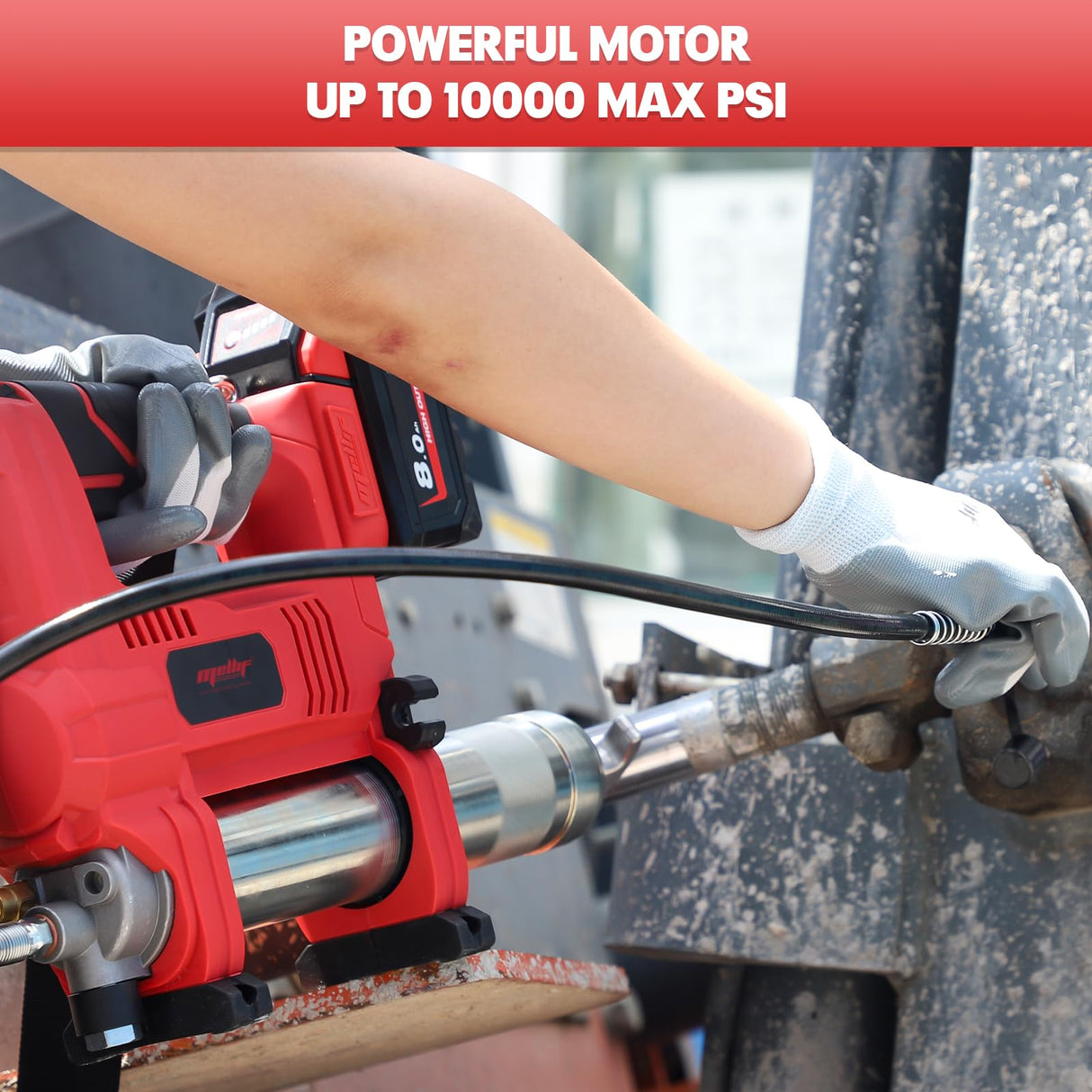 Mellif Power Grease Gun Compatible with Milwaukee 18V Battery (Tool ONLY), 10,000 PSI, Brushless Motor, 5 Variable Speed, 14 OZ Capacity, 30" Hose, Built-in LED, Safety Lock, Low-Voltage Protection Mellif