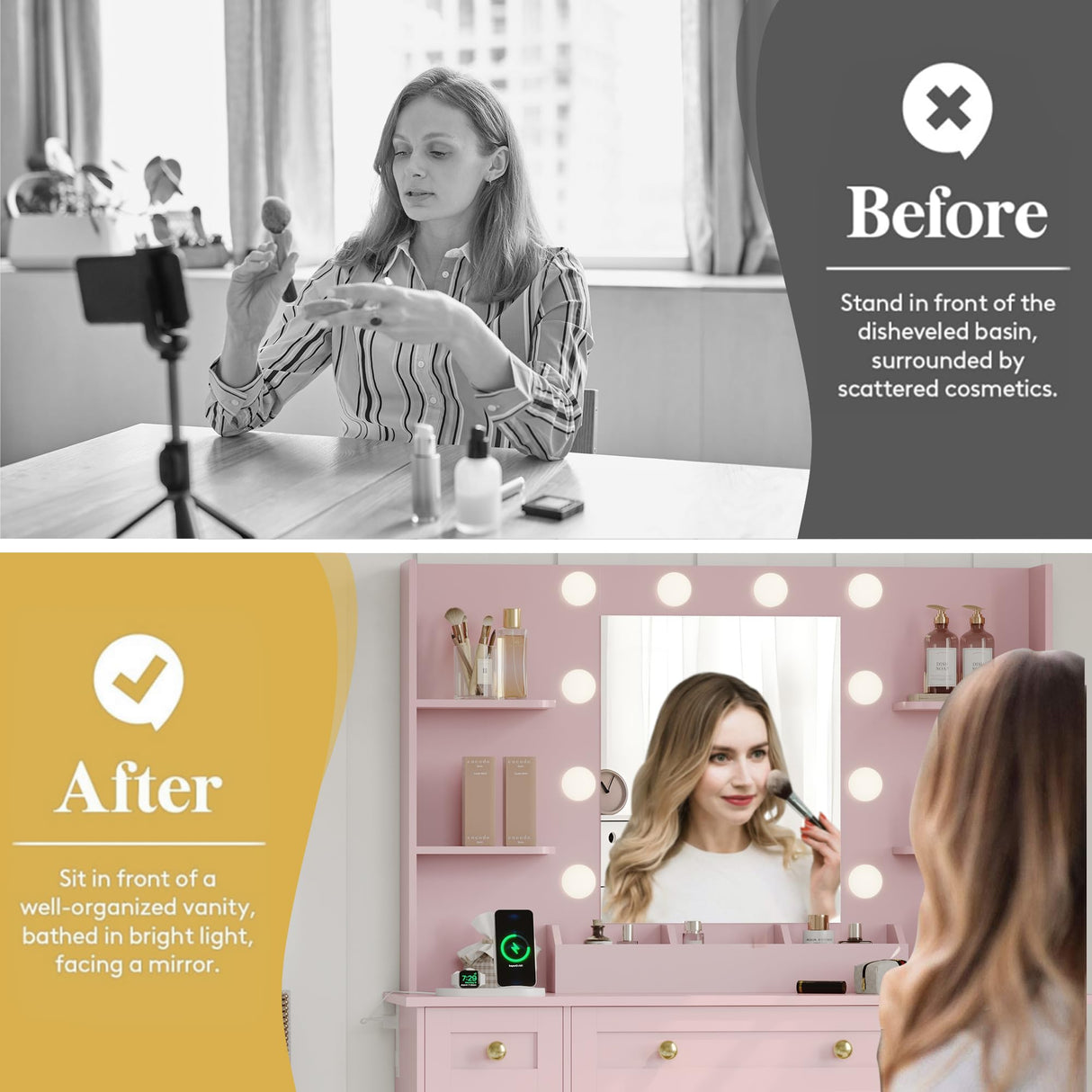 Vanity Makeup Desk with Mirror and Lights, Farmhouse Vanity Table Set with Storage Drawers, Charging Station & Chair, 43" Large Rustic Dressing Table, 3 Lighting Modes for Women Girls Bedroom, Pink Xixini