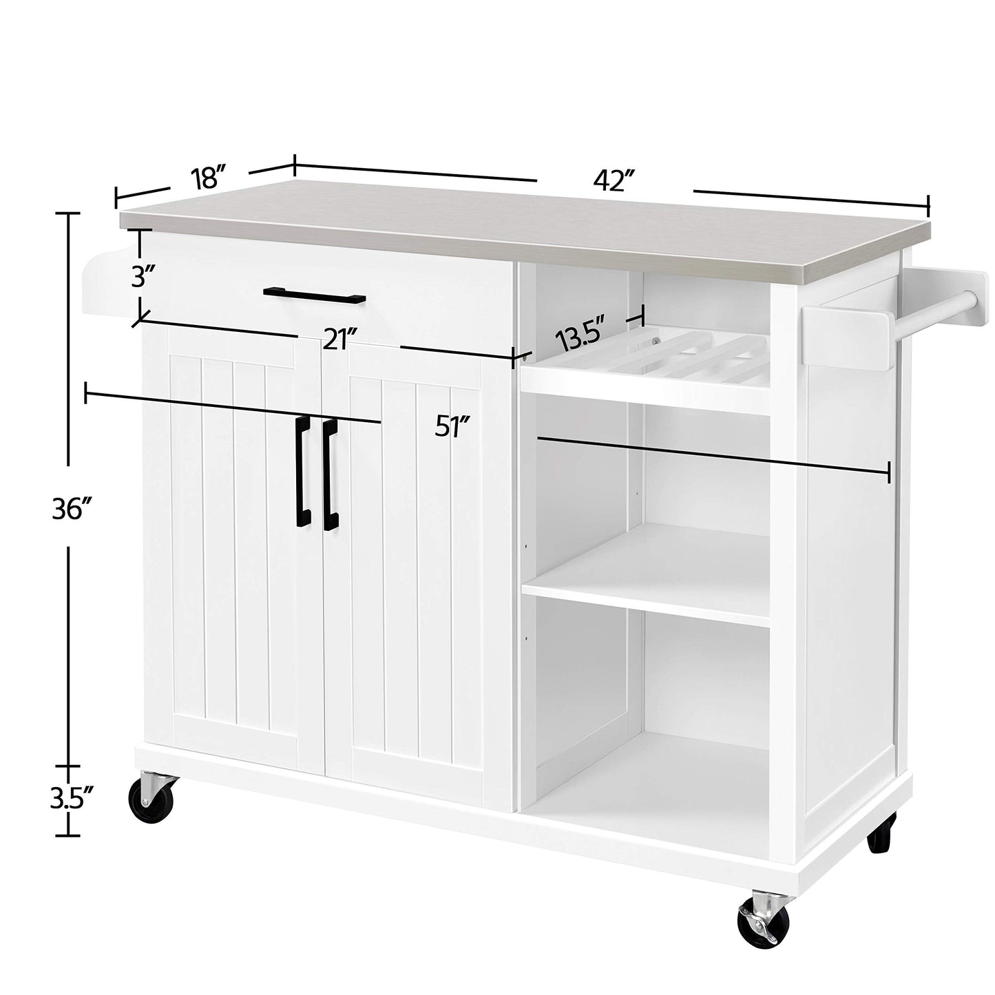 Yaheetech Kitchen Island Cart with Stainless Steel Top, Rolling Storage Cabinet on Wheels with Drawer & Wine Rack & Spice Rack, Sideboard Buffet with Towel Bar, White