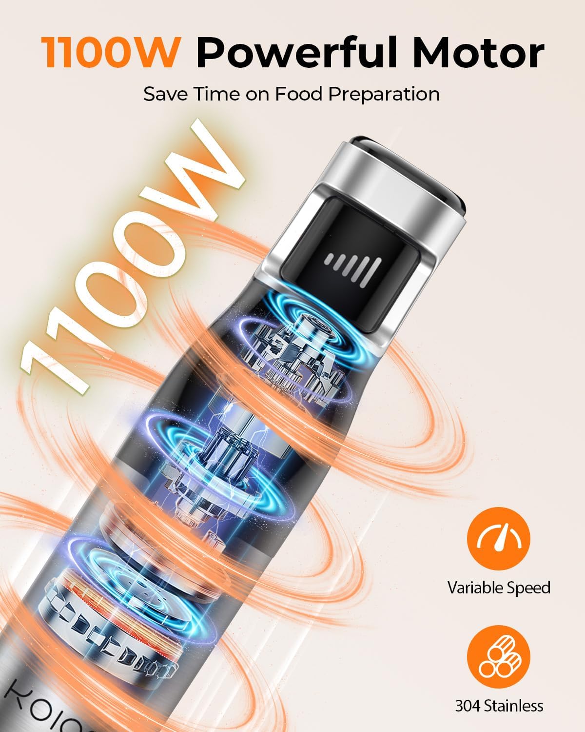 KOIOS Immersion Blender, 1100W Trigger Variable Speed Hand Blender, 5-in-1 Immersion Blender Handheld, Anti-scratch Stick Blender with Chopper, Whisk, Beaker and Frother, Non-BPA KOIOS