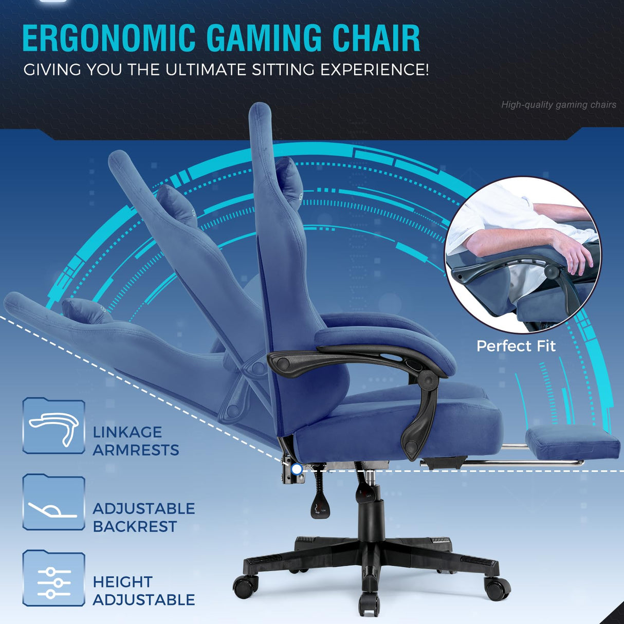GTPLAYER Gaming Chair Fabric with Pocket Spring Cushion, Big and Tall Gaming Chair 350LBS High Back Computer Chair with Footrest for Adults Lumbar Support Swivel Game Chair for Office Gaming Blue GTPLAYER