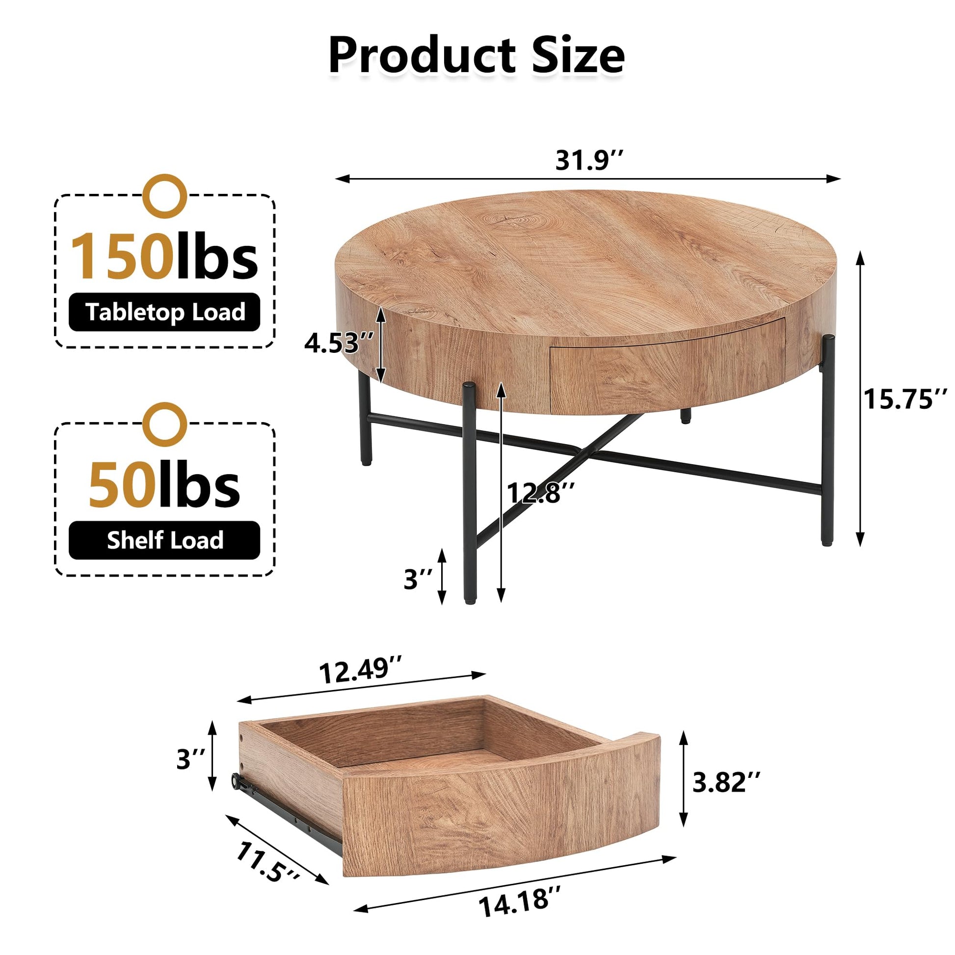 IDEALHOUSE Round Coffee Table Living Room Wood Center Table with Two Drawers Farmhouse Coffee Table Rustic Circle Cocktail Table Metal Legs, Easy Assembly, Natural - WoodArtSupply