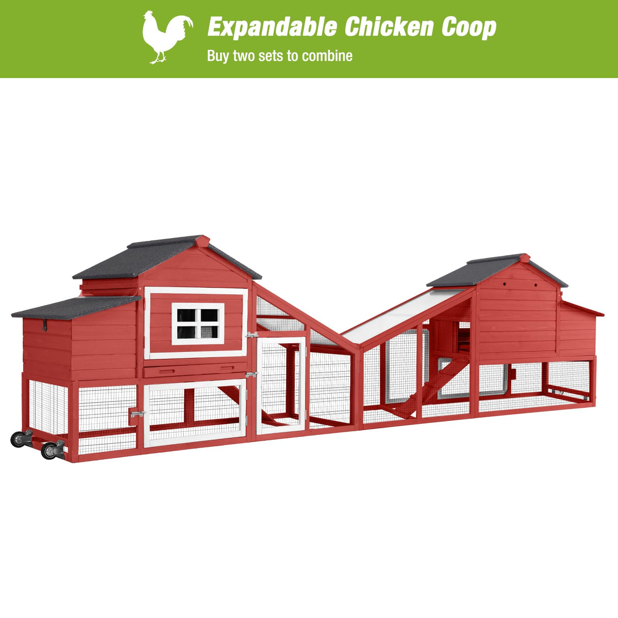 GUTINNEEN Rabbit Hutch Outdoor Mobile Chicken Coop with Wheels Wooden Bunny Cage Large Duck House with Run UV Roof(Red) GUTINNEEN