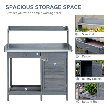 Outsunny Outdoor Potting Bench Table, Garden Work Station with Storage Cabinet, Open Shelf and Steel Tabletop, Gray Outsunny