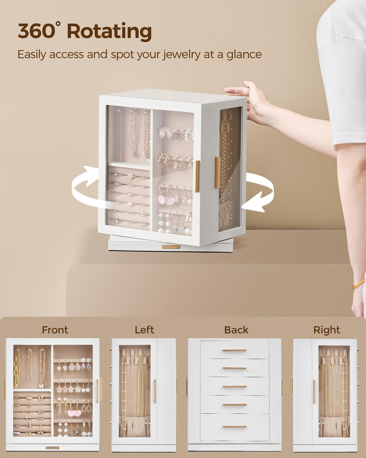 Glimmloop 360° Rotating Jewelry Box with 5 Drawers, Spacious Vertical Jewelry Organizer with Glass Window, Jewelry Storage Case, Dustproof & Moisture-resistant Design, White Glimmloop