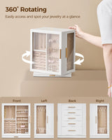 Glimmloop 360° Rotating Jewelry Box with 5 Drawers, Spacious Vertical Jewelry Organizer with Glass Window, Jewelry Storage Case, Dustproof & Moisture-resistant Design, White Glimmloop