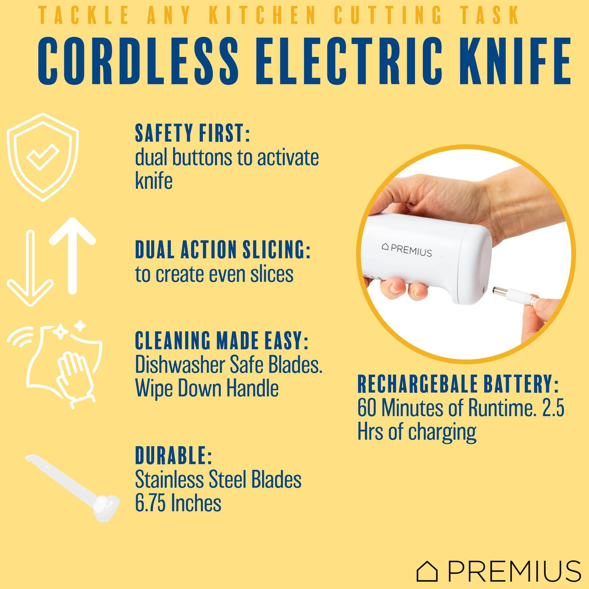Professional Cordless Rechargeable Easy-Slice Electric Knife, Reciprocating Serrated Stainless-Steel Blades, Safety-Lock Trigger Release, Carving Meats, Turkey, Breads, Fruit, Crafting Foam, White PREMIUS