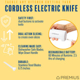 Professional Cordless Rechargeable Easy-Slice Electric Knife, Reciprocating Serrated Stainless-Steel Blades, Safety-Lock Trigger Release, Carving Meats, Turkey, Breads, Fruit, Crafting Foam, White PREMIUS