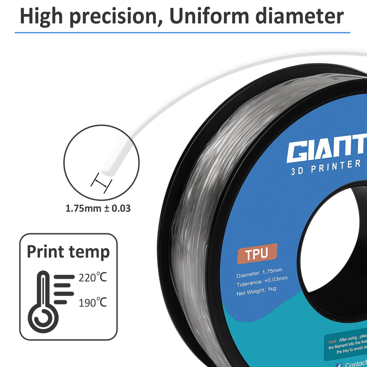 GIANTARM TPU Filament, 95A TPU Filament 1.75mm, Dimensional Accuracy +/- 0.03, Flexible Soft 3D Printer Filament 1kg Spool(2.2 lbs), Vacuum Packaging (Clear) GIANTARM