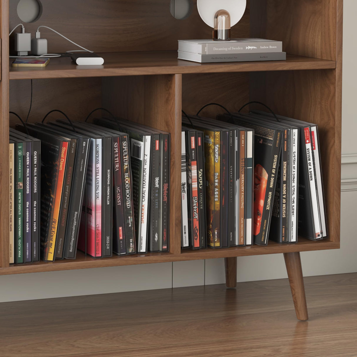 Record Player Stand with Charging Station & USB Ports, Mid Century Modern Turntable Stand Table Holds up to 350 Albums, Vinyl Record Storage Cabinet Turntable Stand with Record Storage IQCNGVX