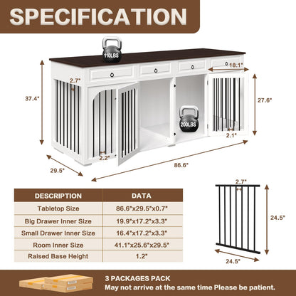 86.6" Large Dog Crate Furniture for 2 Dogs,XXXL Wooden Furniture Style Double Dog Crates Kennel Cage TV Stand End Table with 4 Drawers Divider Locks,White