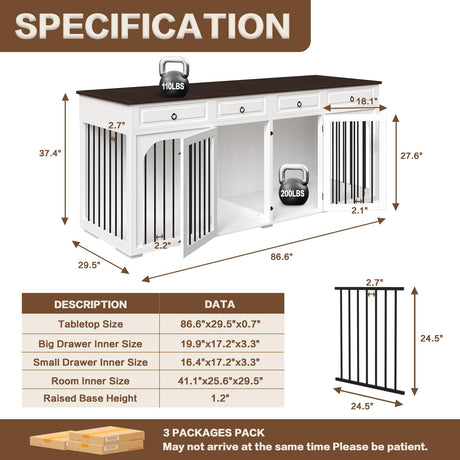 86.6" Large Dog Crate Furniture for 2 Dogs,XXXL Wooden Furniture Style Double Dog Crates Kennel Cage TV Stand End Table with 4 Drawers Divider Locks,White Pitmoto