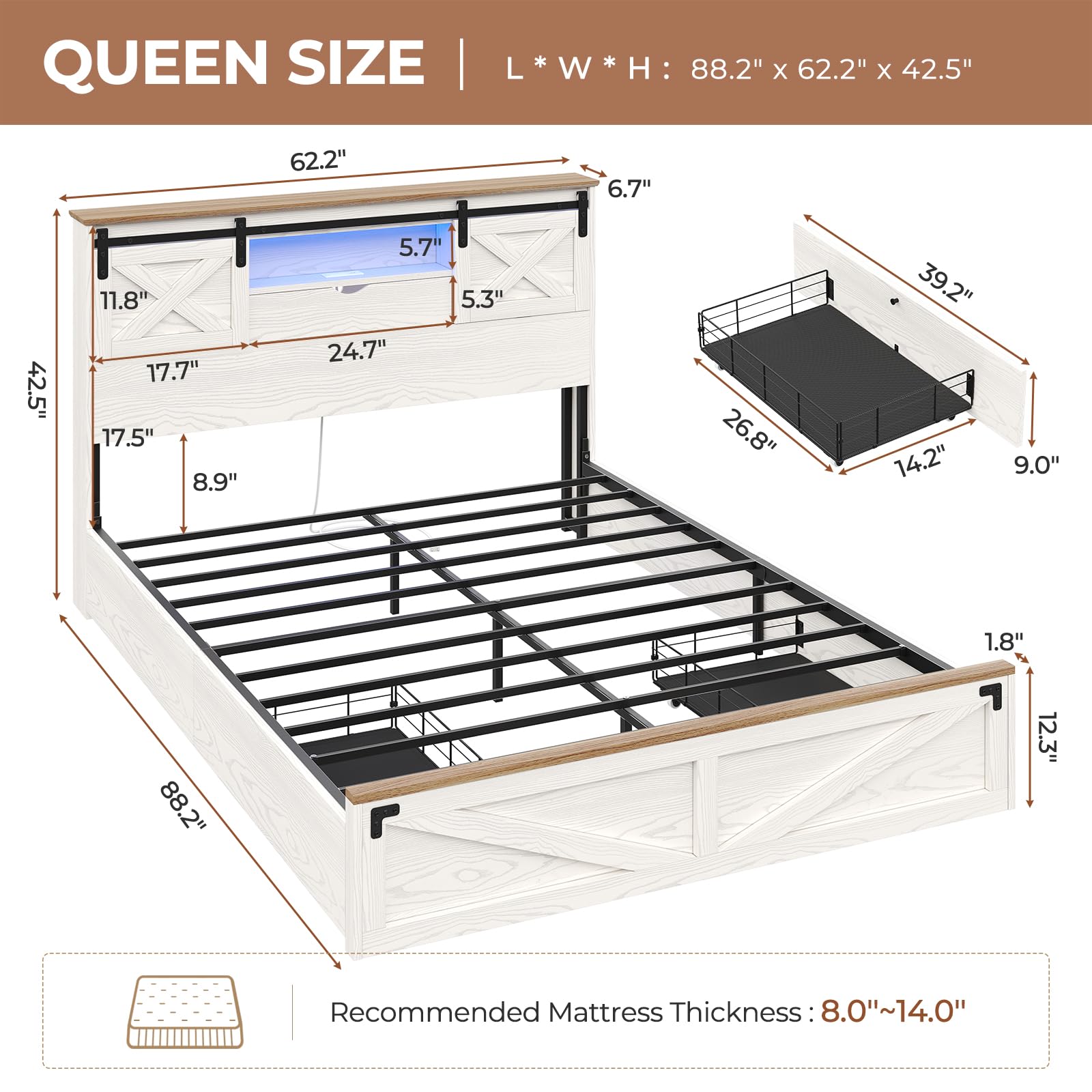 Hasuit Farmhouse Bed Frame Queen Size with LED Lights and Charging Station, Wooden Queen Bed with 2 Storage Drawers, Rustic Headboard with Sliding Barn Door Storage Cabinets, White - WoodArtSupply