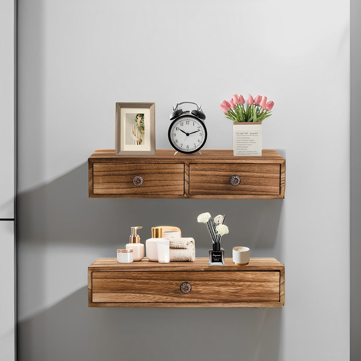 Yesland 2 Packs Floating Nightstand with Drawer - Rustic Wood Floating Wall Mounted Drawers Floating Shelf with Drawer for Living Room, Bedroom, Storage, Display - Yellowish Brown Yesland