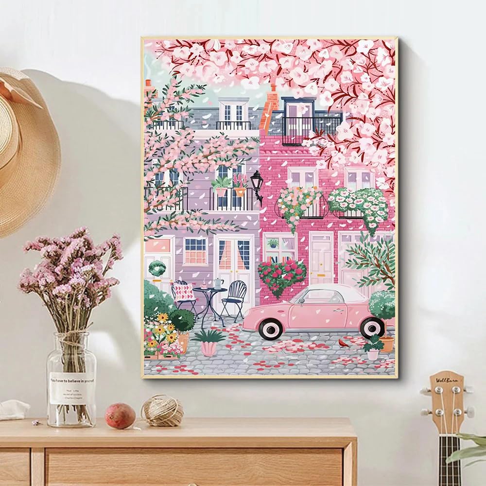 Sakura City Diamond Painting Kits for Adults, 5D Diamond Art Painting by Numbers Kits, DIY Flowers Diamond Dots Art Kits, Full Round Drill Diamond Art Kits for Adults for Home Wall Decor, 12x16 inch GUMITOON